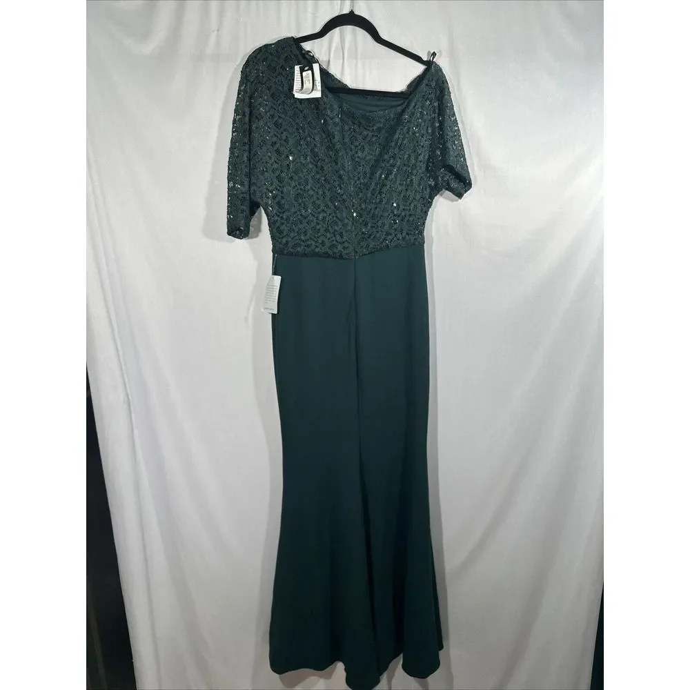 NWT $269 Betsy & Adam [ 8 ] One-Shoulder Sequin Lace Mixed Media Gown Pine Green